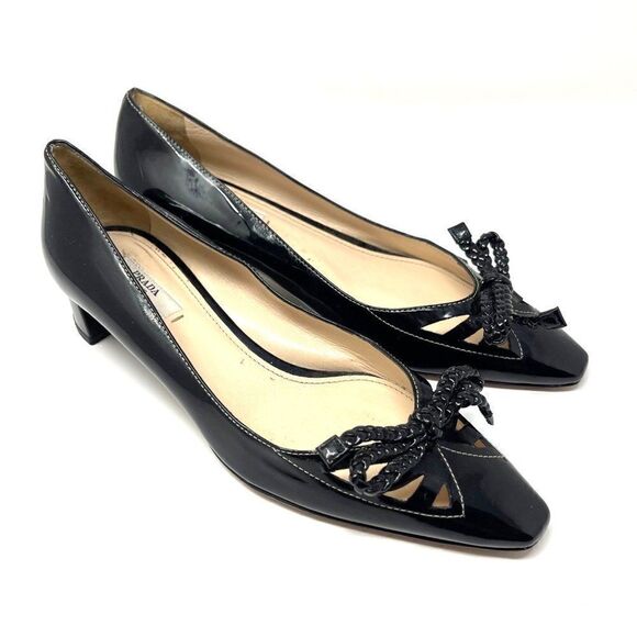 Prada black Patent leather kitten heels slip on bow cap toe EU 36.5 Italy BoxA - Picture 6 of 6